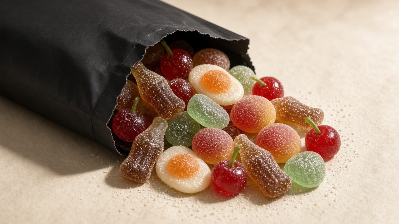 Mixed gummy sweets spilling from a torn black pouch